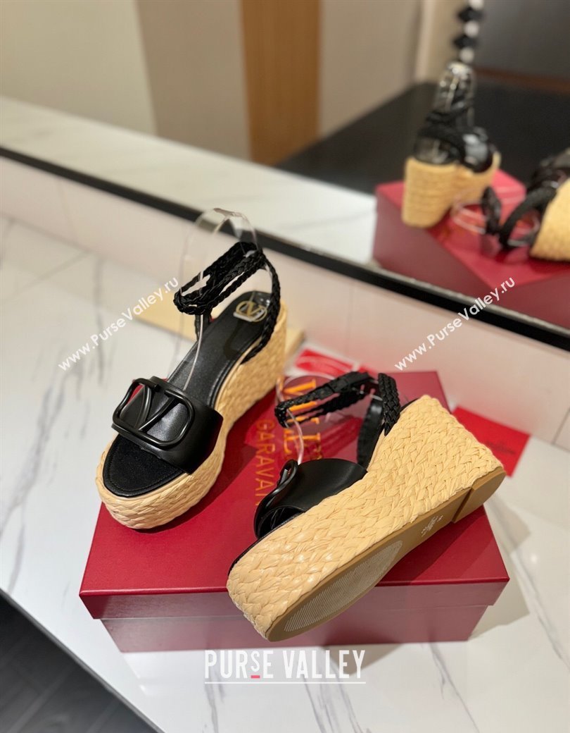 Valentino VLogo Calfskin Leather Wedge Sandals 9cm Black 2025 VA082113 (MD-250821133)