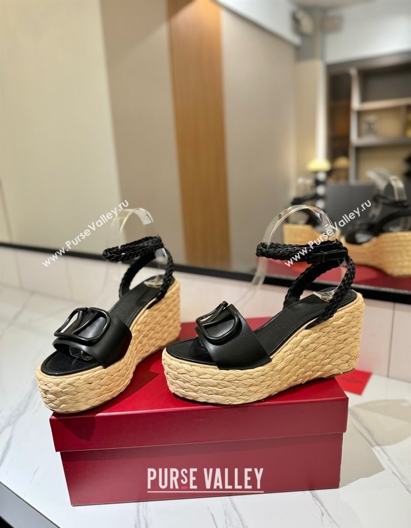 Valentino VLogo Calfskin Leather Wedge Sandals 9cm Black 2025 VA082113 (MD-250821133)