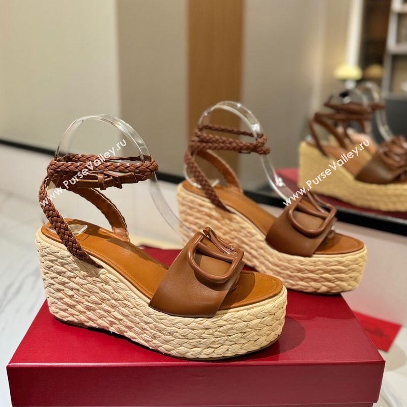 Valentino VLogo Calfskin Leather Wedge Sandals 9cm Brown 2025 VA082113 (MD-250821134)