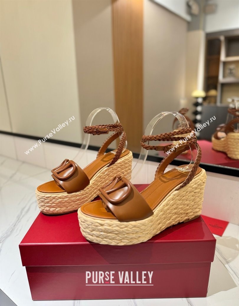 Valentino VLogo Calfskin Leather Wedge Sandals 9cm Brown 2025 VA082113 (MD-250821134)