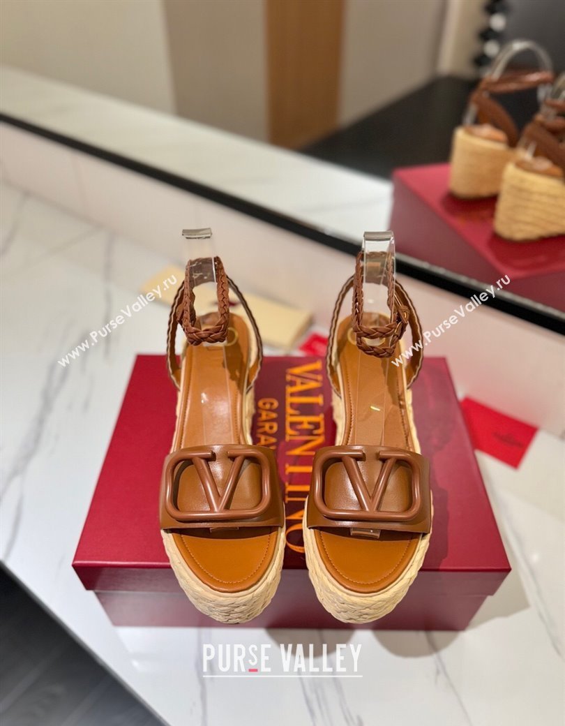 Valentino VLogo Calfskin Leather Wedge Sandals 9cm Brown 2025 VA082113 (MD-250821134)