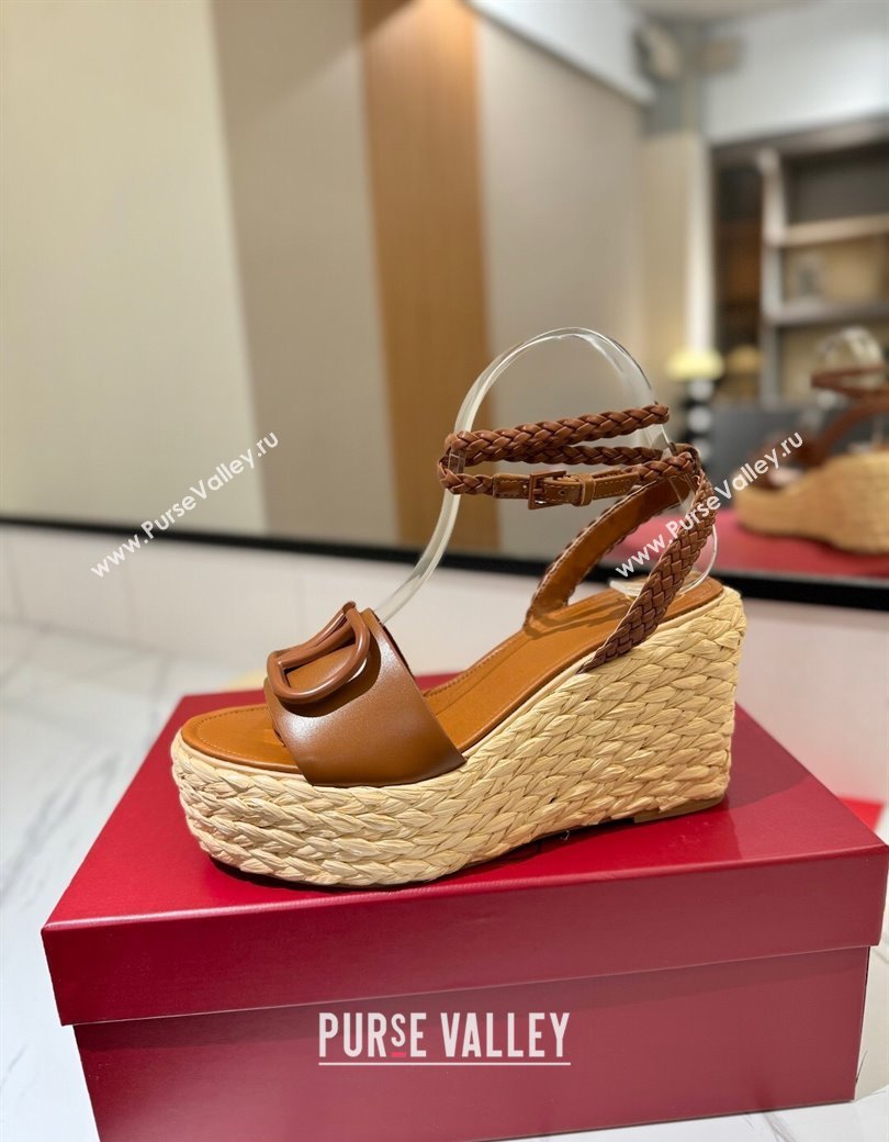 Valentino VLogo Calfskin Leather Wedge Sandals 9cm Brown 2025 VA082113 (MD-250821134)