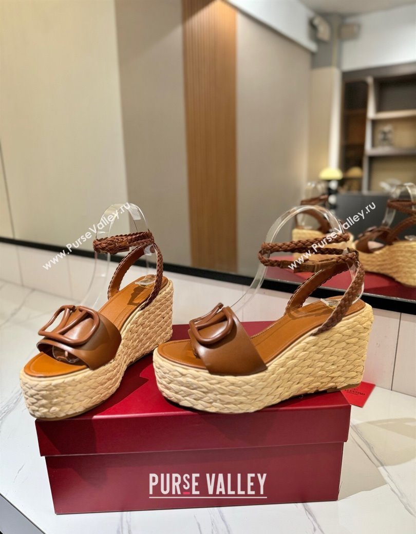 Valentino VLogo Calfskin Leather Wedge Sandals 9cm Brown 2025 VA082113 (MD-250821134)