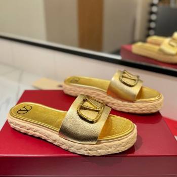Valentino VLogo Grainy Calfskin Flat Slides Sandal Gold-Tone 2025 VA082114 (MD-250821136)