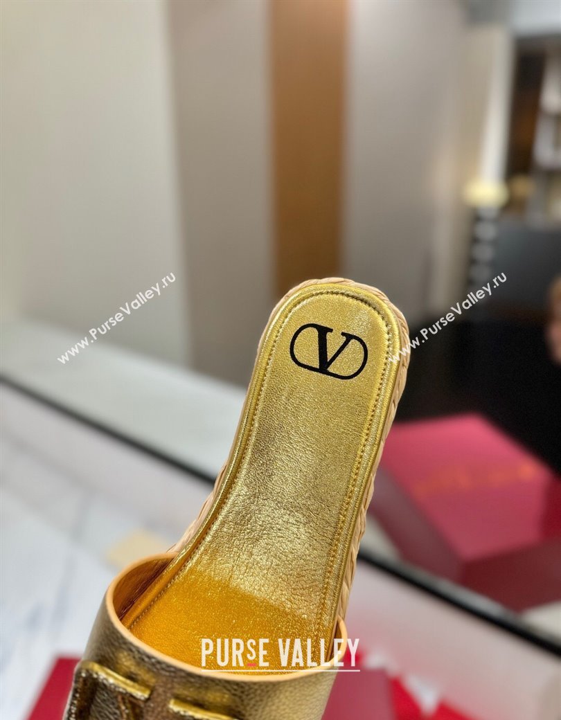 Valentino VLogo Grainy Calfskin Flat Slides Sandal Gold-Tone 2025 VA082114 (MD-250821136)