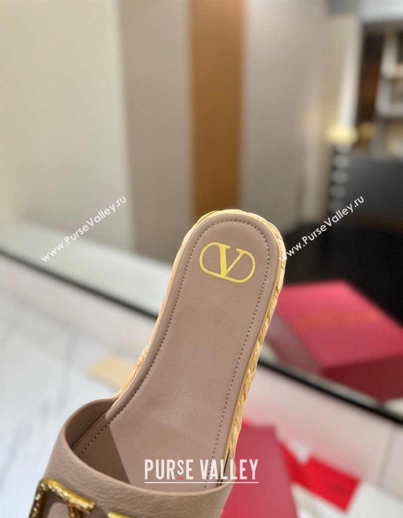 Valentino VLogo Grainy Calfskin Flat Slides Sandal Dusty Beige/Gold 2025 VA082114 (MD-250821139)