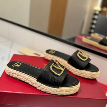 Valentino VLogo Grainy Calfskin Flat Slides Sandal Black/Gold 2025 VA082114 (MD-250821140)