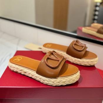Valentino VLogo Calfskin Leather Flat Slides Sandal Brown 2025 VA082114 (MD-250821142)