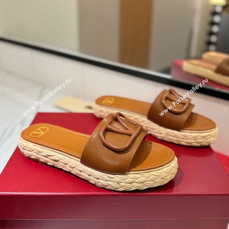 Valentino VLogo Calfskin Leather Flat Slides Sandal Brown 2025 VA082114 (MD-250821142)