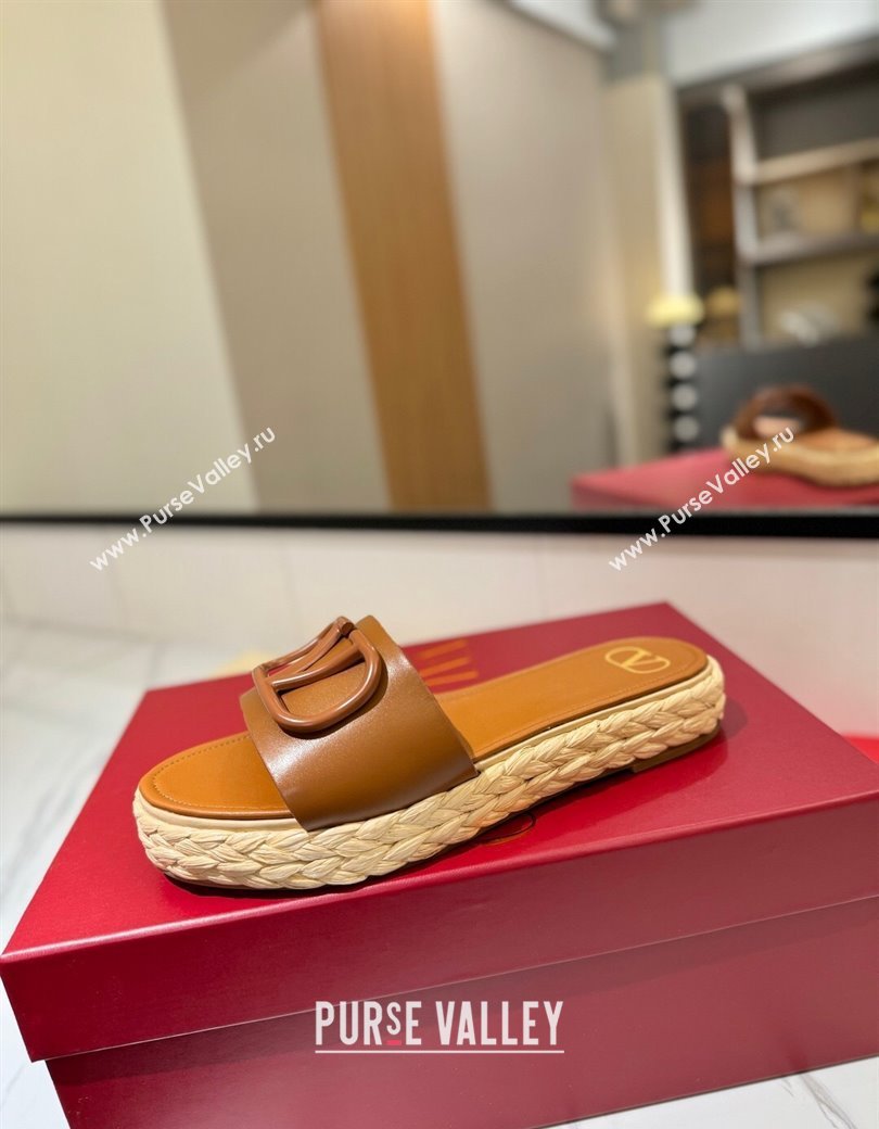 Valentino VLogo Calfskin Leather Flat Slides Sandal Brown 2025 VA082114 (MD-250821142)