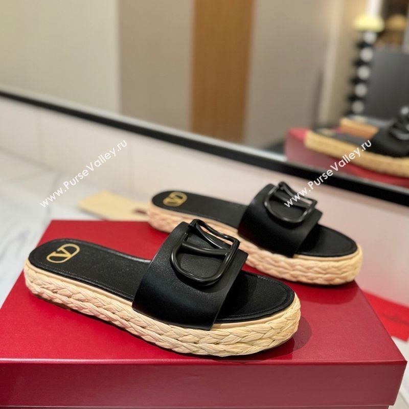 Valentino VLogo Calfskin Leather Flat Slides Sandal Black 2025 VA082114 (MD-250821146)
