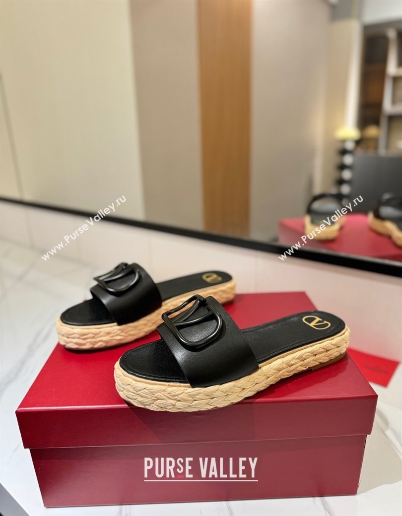 Valentino VLogo Calfskin Leather Flat Slides Sandal Black 2025 VA082114 (MD-250821146)