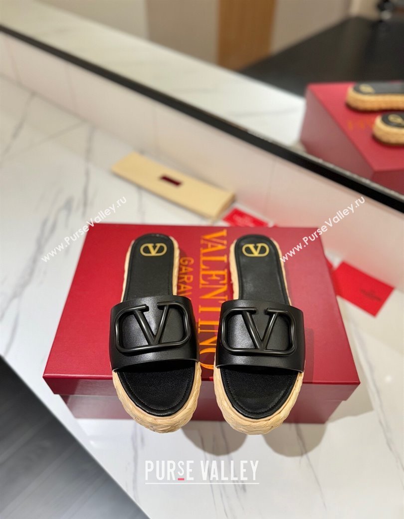 Valentino VLogo Calfskin Leather Flat Slides Sandal Black 2025 VA082114 (MD-250821146)