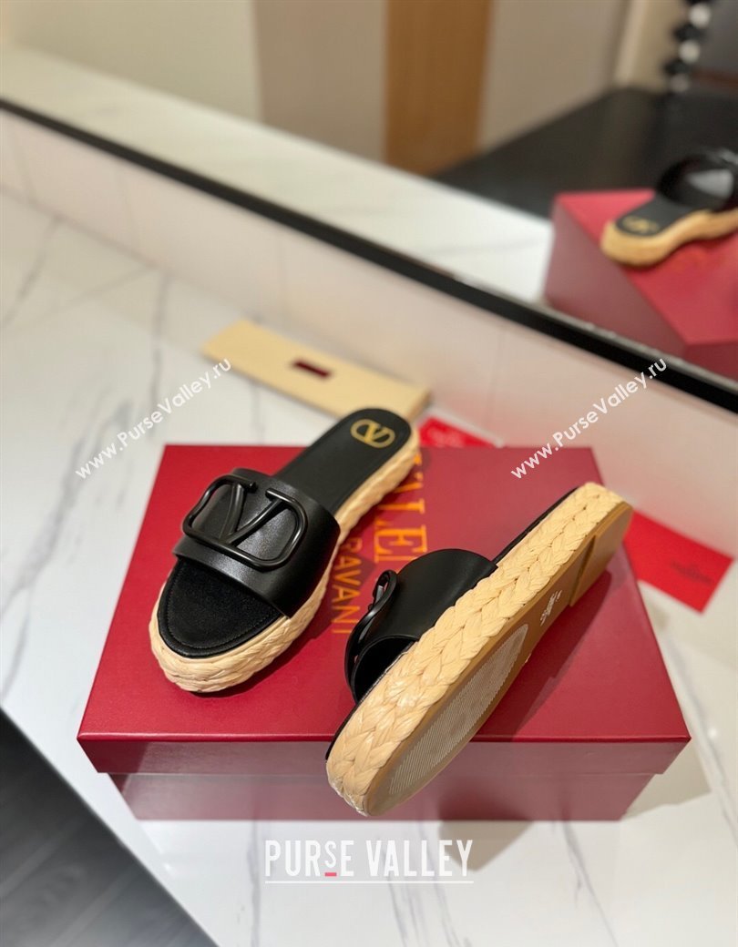 Valentino VLogo Calfskin Leather Flat Slides Sandal Black 2025 VA082114 (MD-250821146)
