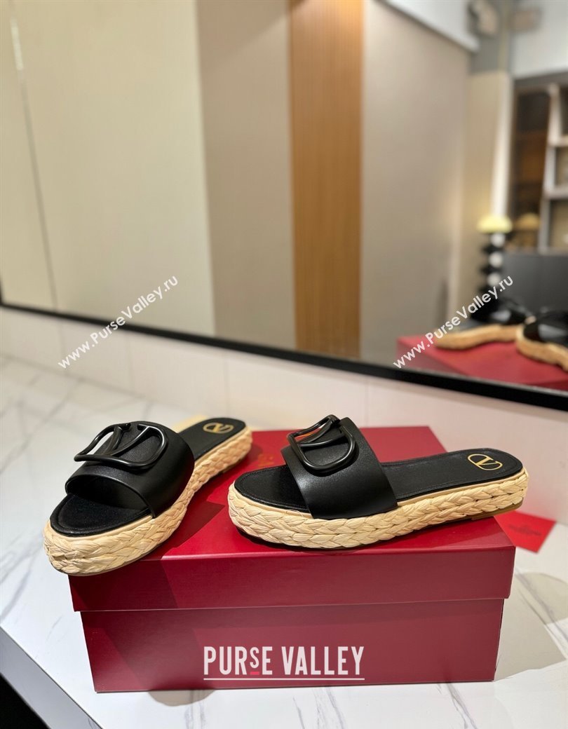 Valentino VLogo Calfskin Leather Flat Slides Sandal Black 2025 VA082114 (MD-250821146)