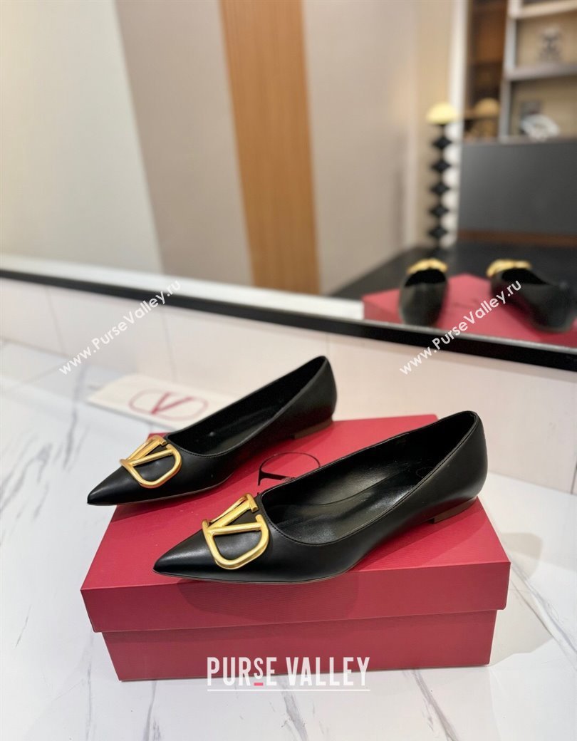 Valentino VLogo Signature Flat Shoes in Calfskin Leather Black/Gold 2025 VA082104 (MD-250821022)