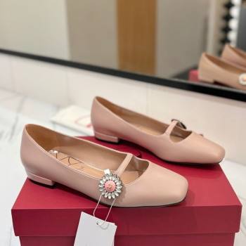 Valentino Preshoes Mary-Jane Ballerinas Flat with Jeweled Button in Nappa Leather Light Pink 2025 (MD-250821008)