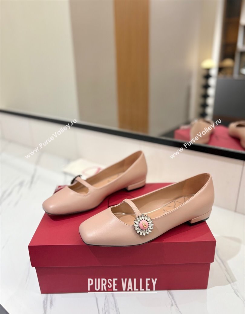 Valentino Preshoes Mary-Jane Ballerinas Flat with Jeweled Button in Nappa Leather Light Pink 2025 (MD-250821008)
