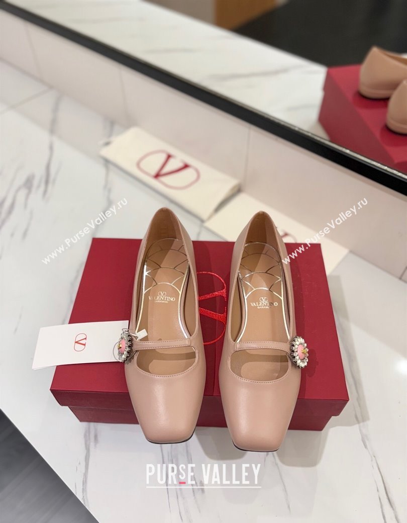 Valentino Preshoes Mary-Jane Ballerinas Flat with Jeweled Button in Nappa Leather Light Pink 2025 (MD-250821008)