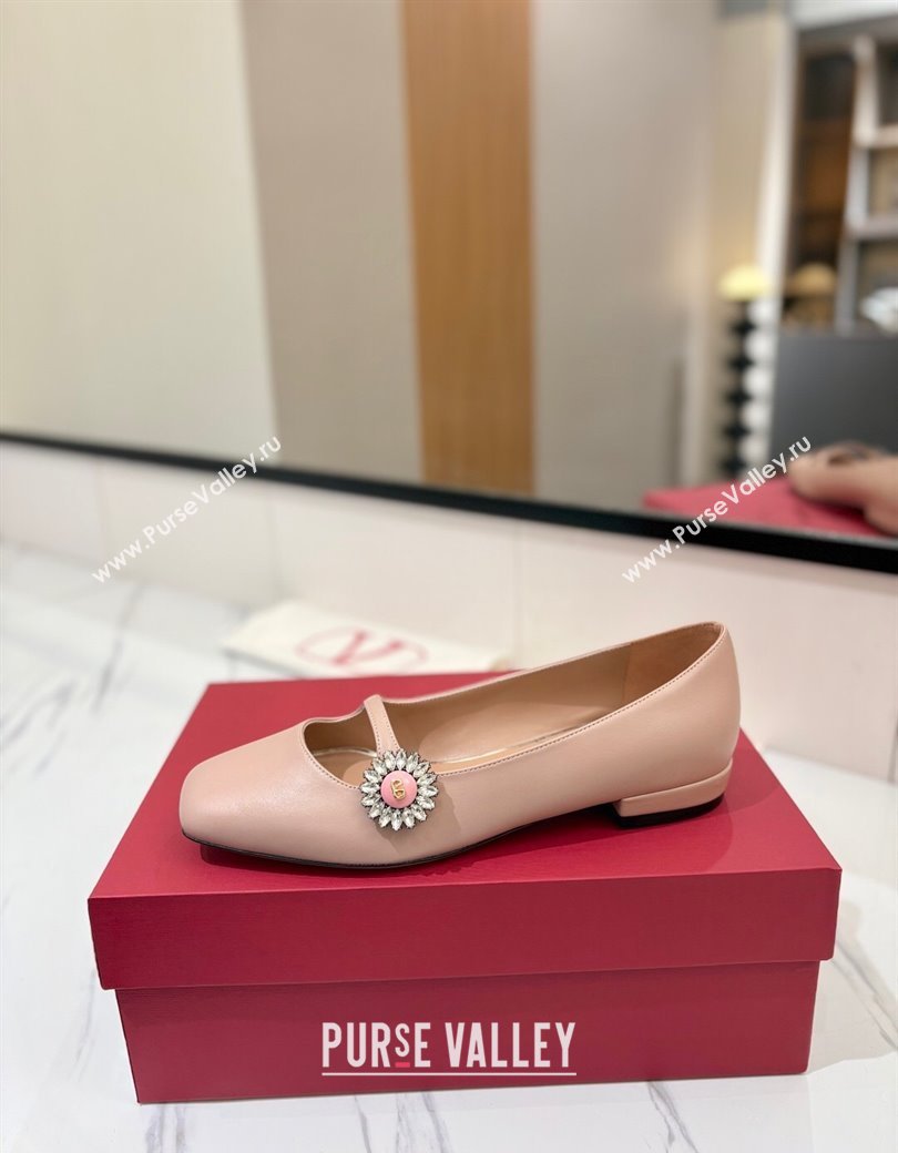 Valentino Preshoes Mary-Jane Ballerinas Flat with Jeweled Button in Nappa Leather Light Pink 2025 (MD-250821008)