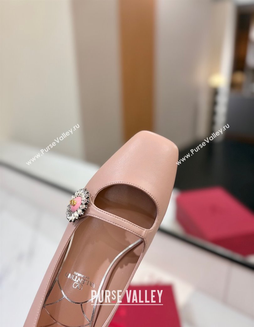 Valentino Preshoes Mary-Jane Ballerinas Flat with Jeweled Button in Nappa Leather Light Pink 2025 (MD-250821008)