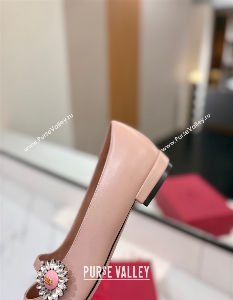 Valentino Preshoes Mary-Jane Ballerinas Flat with Jeweled Button in Nappa Leather Light Pink 2025 (MD-250821008)