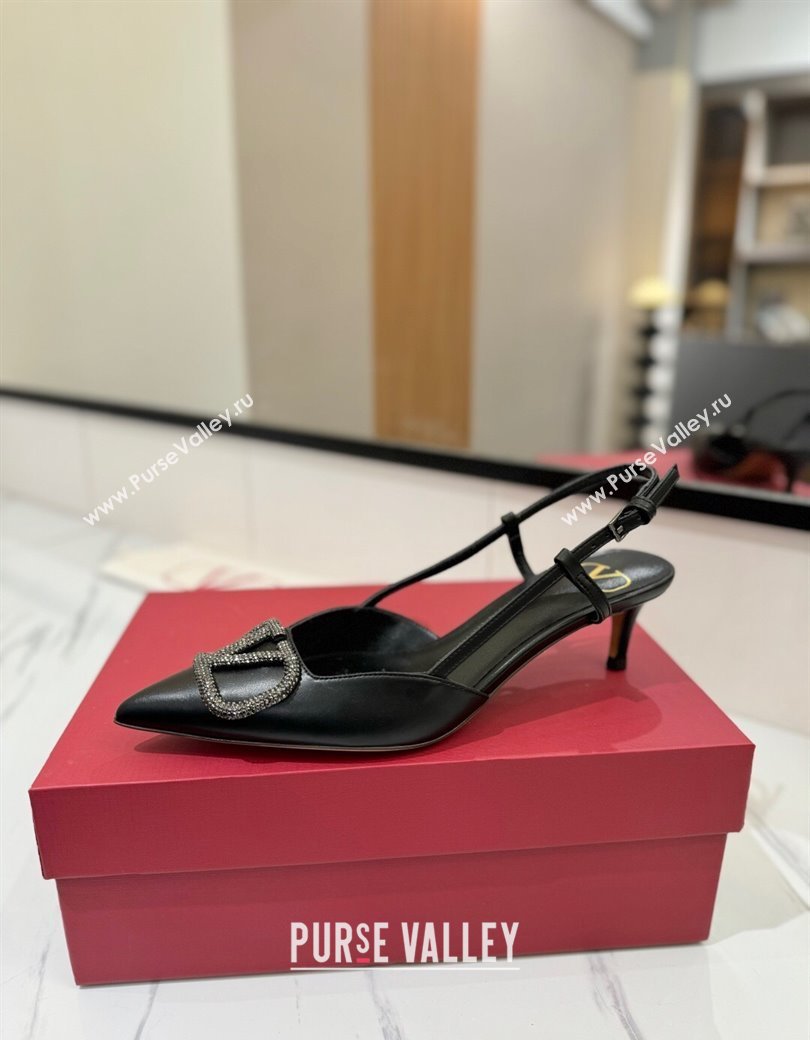 Valentino VLogo Signature Slingback Pumps 4.5cm in Calfskin with Strass Black/Grey 2025 VA082109 (MD-250821066)
