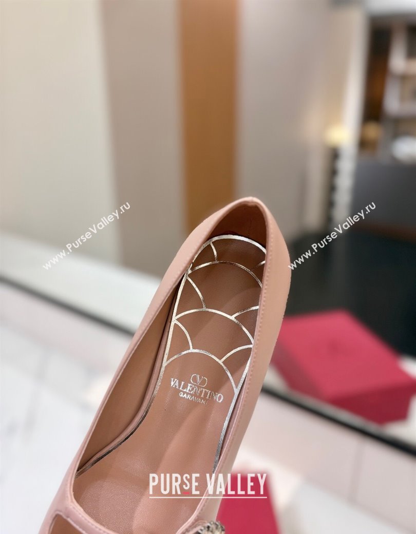 Valentino Preshoes Mary-Jane Ballerinas Flat with Jeweled Button in Nappa Leather Light Pink 2025 (MD-250821008)