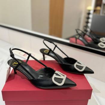 Valentino VLogo Signature Slingback Pumps 4.5cm in Calfskin with Strass Black/Silver 2025 VA082109 (MD-250821069)