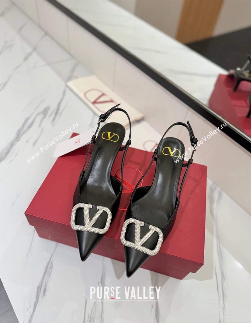 Valentino VLogo Signature Slingback Pumps 4.5cm in Calfskin with Strass Black/Silver 2025 VA082109 (MD-250821069)