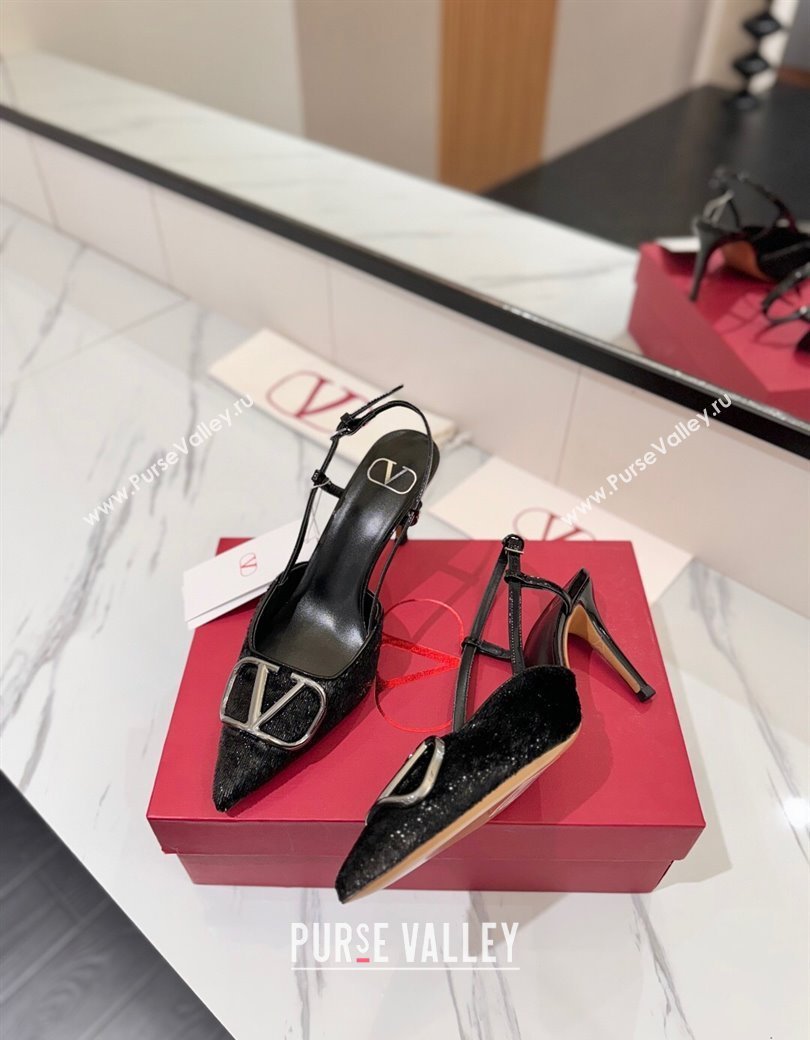 Valentino VLogo Signature Slingback Pumps 8cm in Velvet Black 2025 VA082109 (MD-250821072)