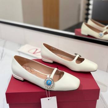 Valentino Preshoes Mary-Jane Ballerinas Flat with Jeweled Button in Nappa Leather White 2025 (MD-250821010)
