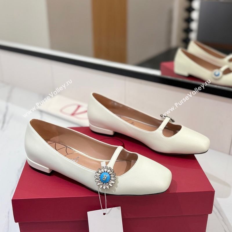 Valentino Preshoes Mary-Jane Ballerinas Flat with Jeweled Button in Nappa Leather White 2025 (MD-250821010)
