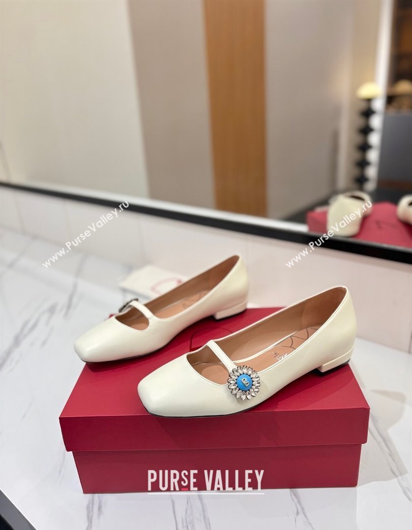 Valentino Preshoes Mary-Jane Ballerinas Flat with Jeweled Button in Nappa Leather White 2025 (MD-250821010)