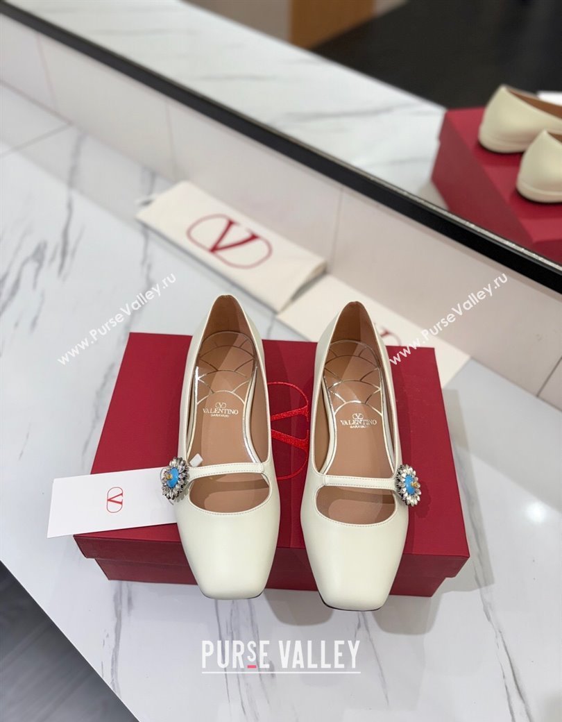 Valentino Preshoes Mary-Jane Ballerinas Flat with Jeweled Button in Nappa Leather White 2025 (MD-250821010)