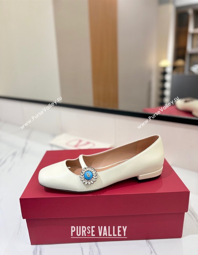 Valentino Preshoes Mary-Jane Ballerinas Flat with Jeweled Button in Nappa Leather White 2025 (MD-250821010)