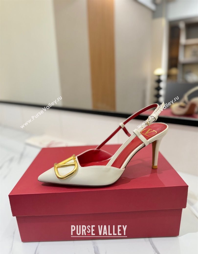 Valentino VLogo Signature Slingback Pumps 8cm in Matte Calfskin White/Gold 2025 VA082110 (MD-250821084)