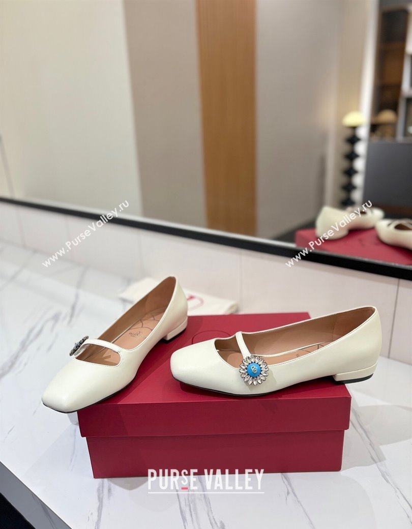 Valentino Preshoes Mary-Jane Ballerinas Flat with Jeweled Button in Nappa Leather White 2025 (MD-250821010)
