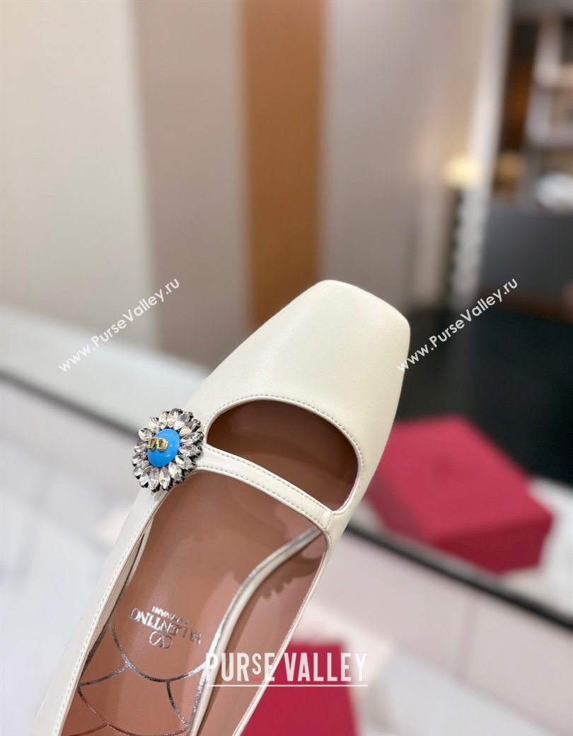 Valentino Preshoes Mary-Jane Ballerinas Flat with Jeweled Button in Nappa Leather White 2025 (MD-250821010)