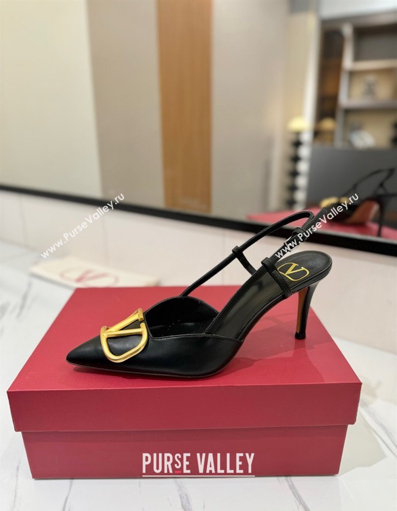 Valentino VLogo Signature Slingback Pumps 8cm in Matte Calfskin Black/Gold 2025 VA082110 (MD-250821087)