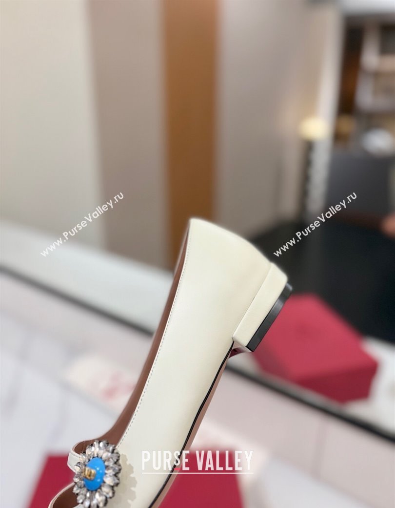 Valentino Preshoes Mary-Jane Ballerinas Flat with Jeweled Button in Nappa Leather White 2025 (MD-250821010)