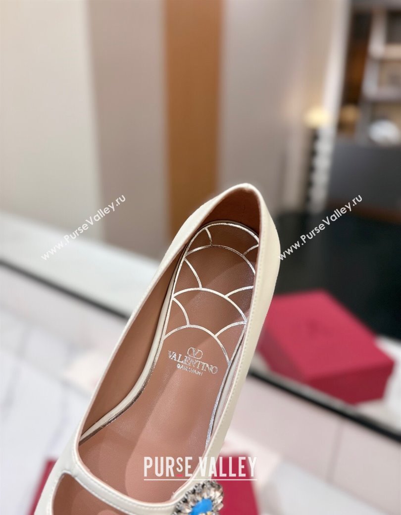 Valentino Preshoes Mary-Jane Ballerinas Flat with Jeweled Button in Nappa Leather White 2025 (MD-250821010)