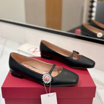 Valentino Preshoes Mary-Jane Ballerinas Flat with Jeweled Button in Nappa Leather Black 2025 (MD-250821011)