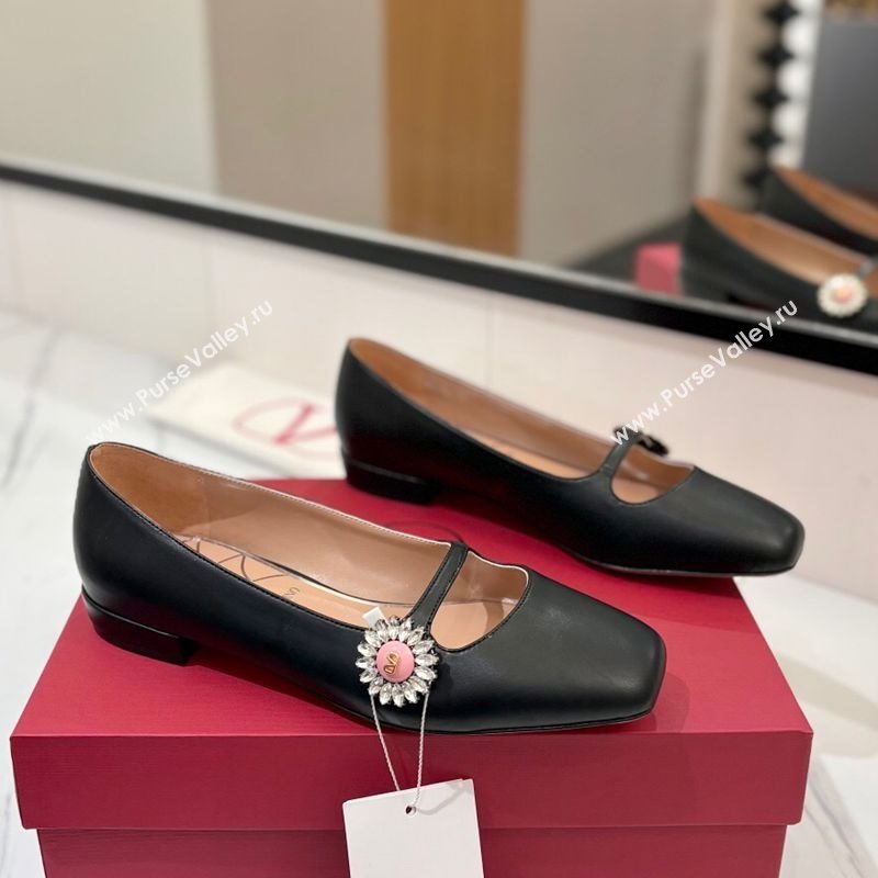 Valentino Preshoes Mary-Jane Ballerinas Flat with Jeweled Button in Nappa Leather Black 2025 (MD-250821011)