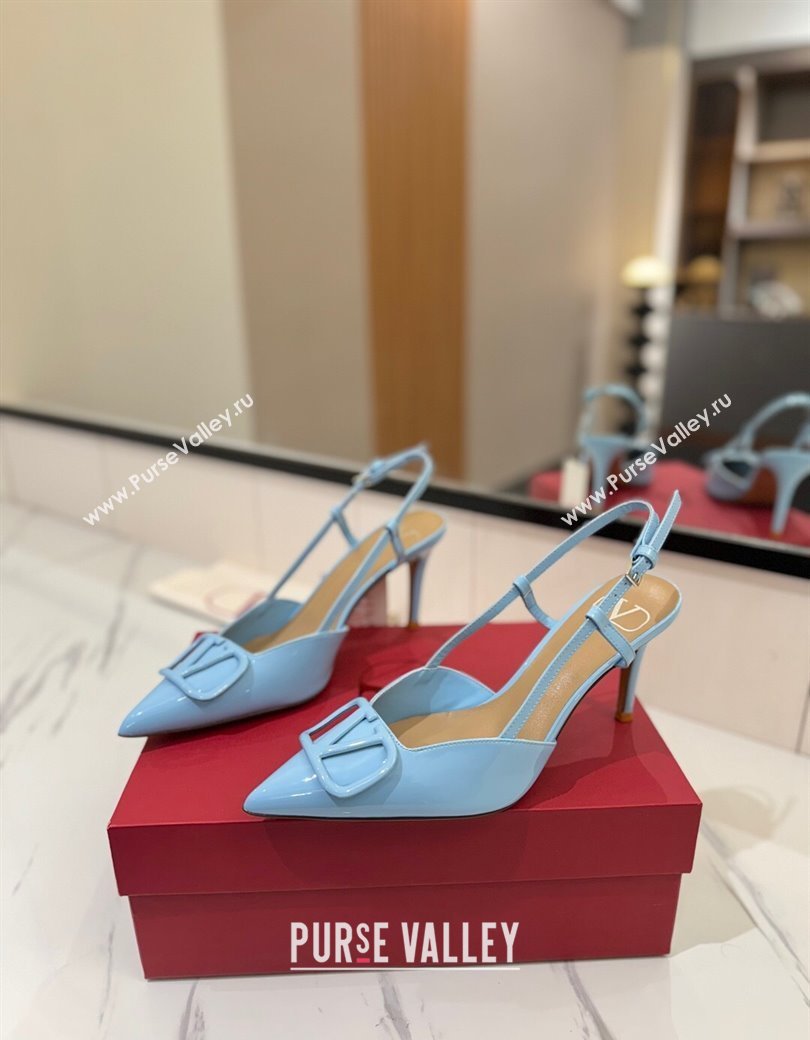 Valentino VLogo Signature Slingback Pumps 8cm in Patent Calfskin Light Blue 2025 VA082111 (MD-250821091)