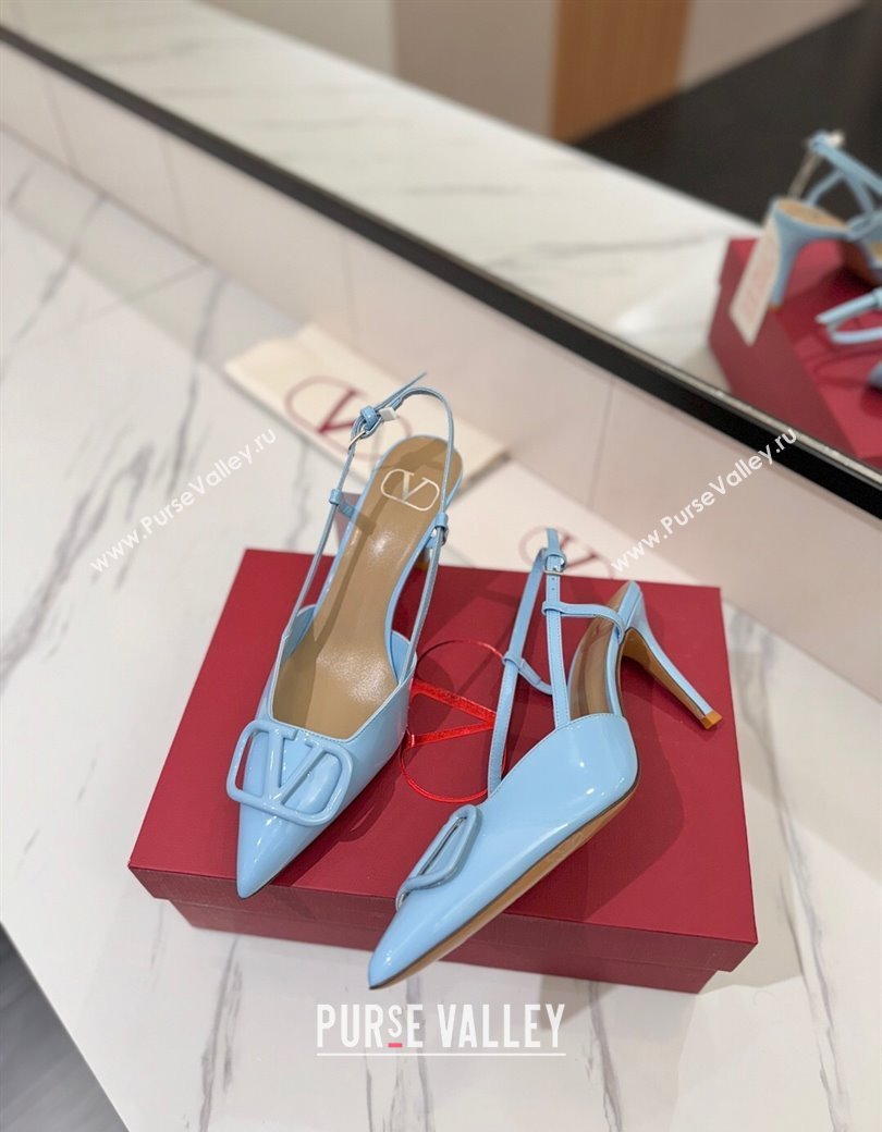 Valentino VLogo Signature Slingback Pumps 8cm in Patent Calfskin Light Blue 2025 VA082111 (MD-250821091)