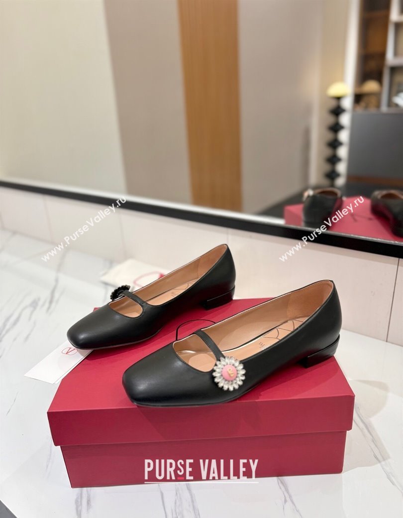 Valentino Preshoes Mary-Jane Ballerinas Flat with Jeweled Button in Nappa Leather Black 2025 (MD-250821011)