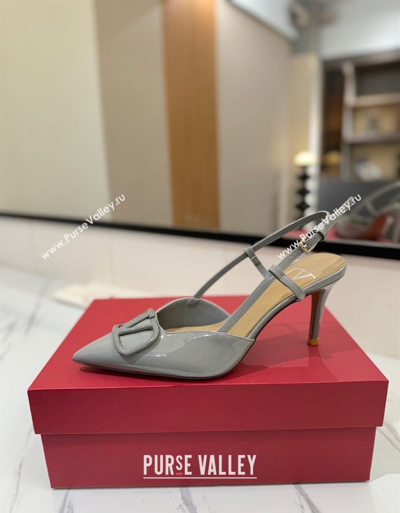 Valentino VLogo Signature Slingback Pumps 8cm in Patent Calfskin Grey 2025 VA082111 (MD-250821092)