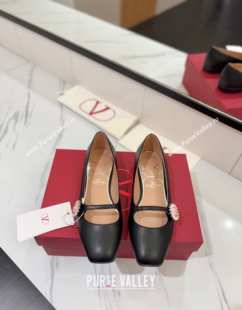 Valentino Preshoes Mary-Jane Ballerinas Flat with Jeweled Button in Nappa Leather Black 2025 (MD-250821011)