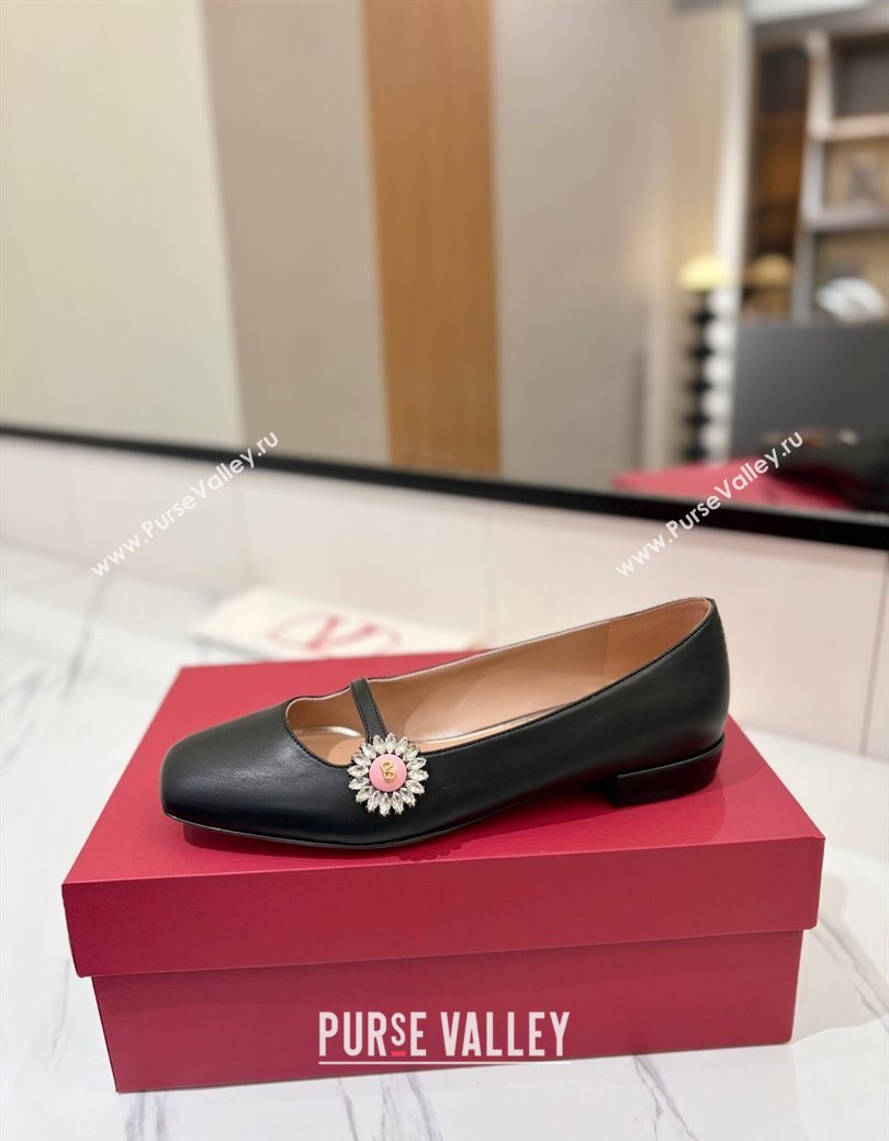 Valentino Preshoes Mary-Jane Ballerinas Flat with Jeweled Button in Nappa Leather Black 2025 (MD-250821011)